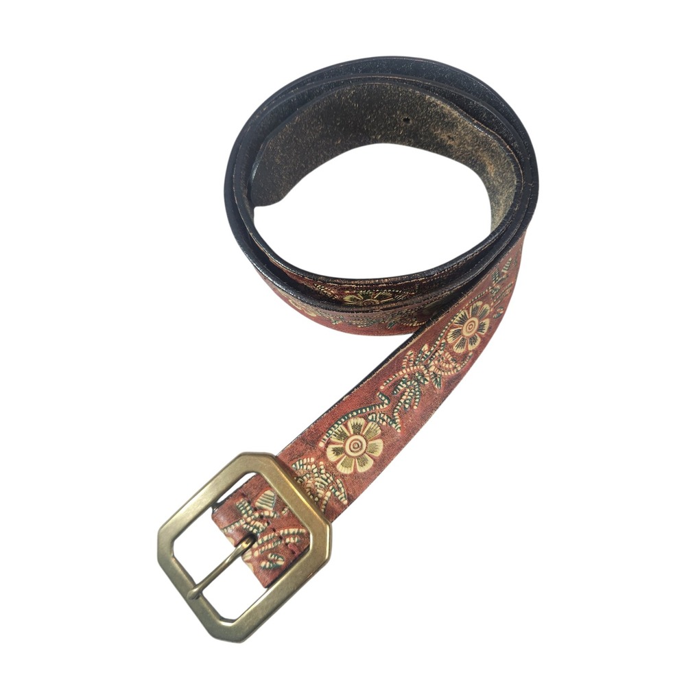 Mossimo Supply Co Belt Womens XL Brown Tooled Floral Faux Leather Brass Buckle